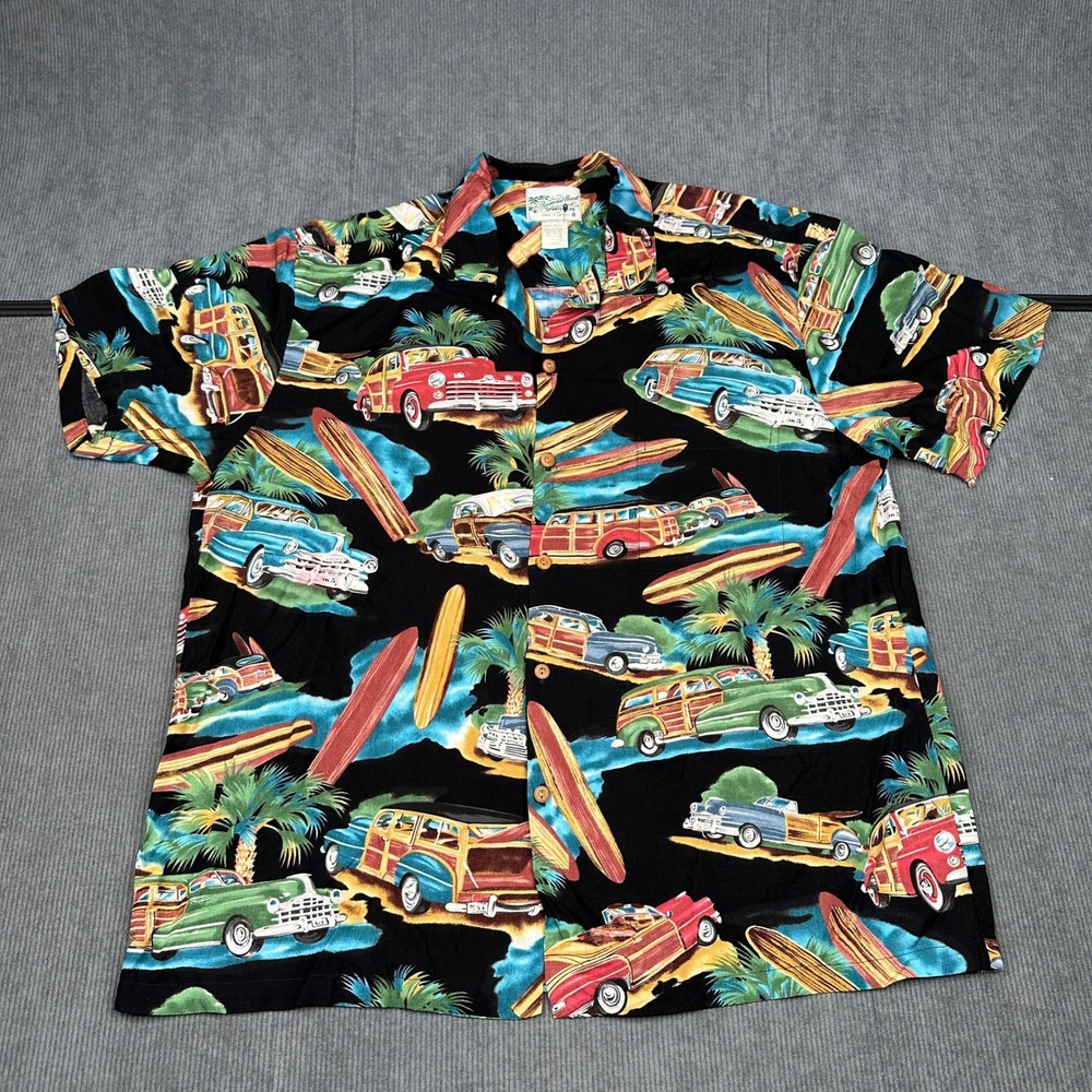Diamond Head Sportswear Hawaiian Shirt Mens Large Rayon Woody Car Surfboard